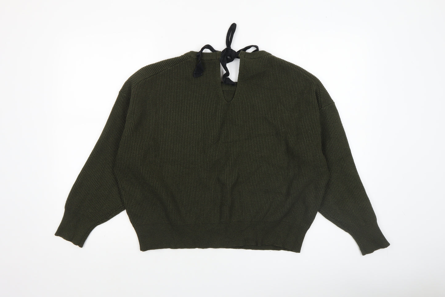 Zara Women Green Relaxed Knit Bow Back Long Sleeve Jumper XL