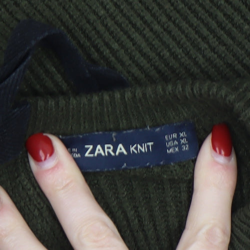 Zara Women Green Relaxed Knit Bow Back Long Sleeve Jumper XL