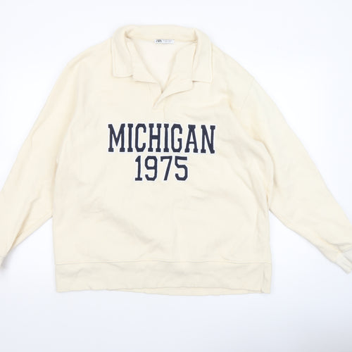 Zara Women Beige Michigan 1975 Pullover Sweatshirt L Cotton Blend