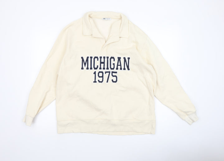 Zara Women Beige Michigan 1975 Pullover Sweatshirt L Cotton Blend