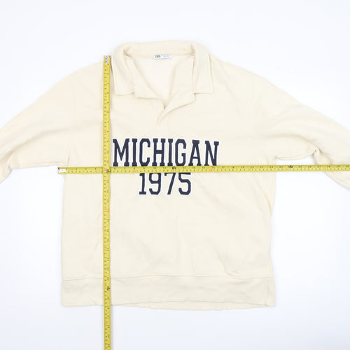 Zara Women Beige Michigan 1975 Pullover Sweatshirt L Cotton Blend