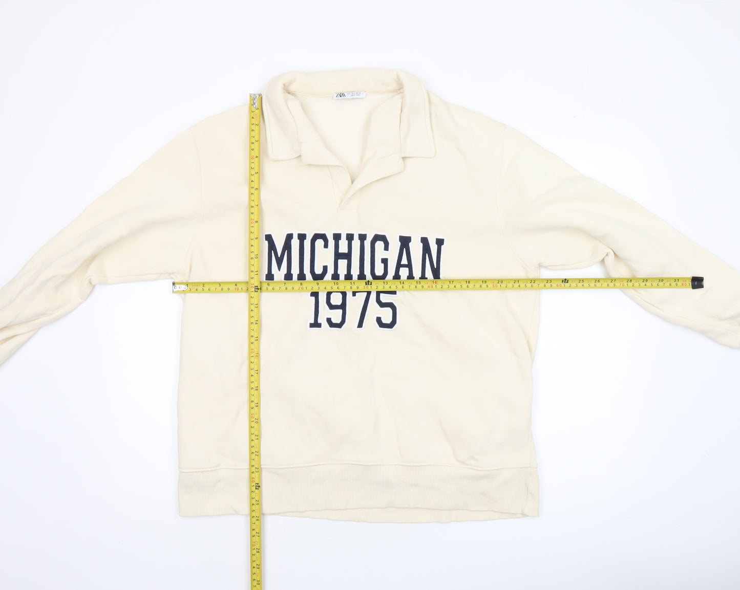Zara Women Beige Michigan 1975 Pullover Sweatshirt L Cotton Blend