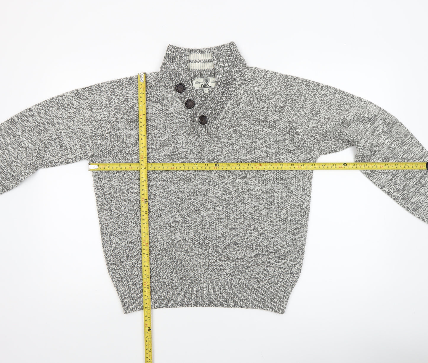 Next Men's Grey Wool Blend Button Henley Jumper Size M