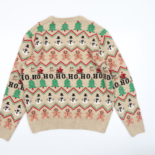 Next Men Beige Christmas Fair Isle Jumper L Crew Neck Knit