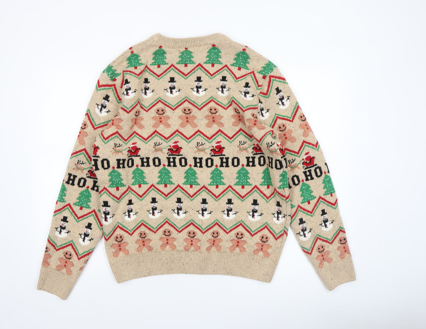Next Men Beige Christmas Fair Isle Jumper L Crew Neck Knit
