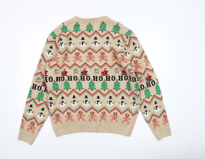 Next Men Beige Christmas Fair Isle Jumper L Crew Neck Knit
