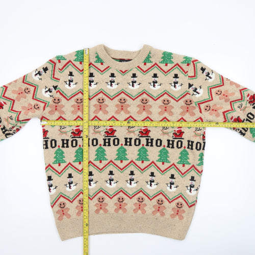 Next Men Beige Christmas Fair Isle Jumper L Crew Neck Knit