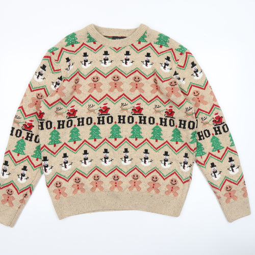 Next Men Beige Christmas Fair Isle Jumper L Crew Neck Knit
