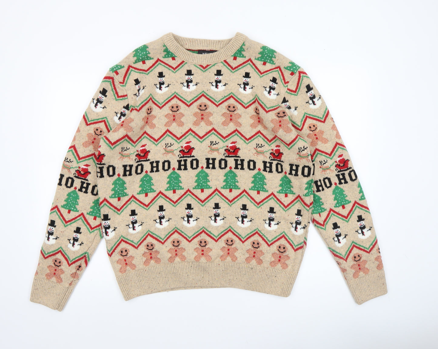 Next Men Beige Christmas Fair Isle Jumper L Crew Neck Knit