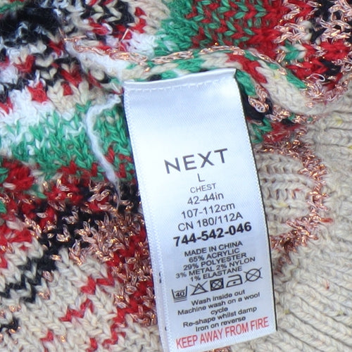 Next Men Beige Christmas Fair Isle Jumper L Crew Neck Knit