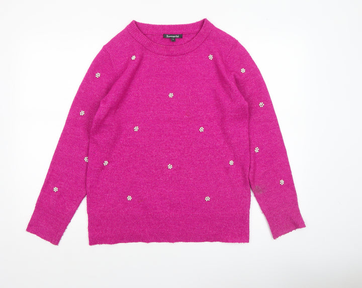 Bonmarché Women's Pink Beaded Crew Neck Long Sleeve Pullover Jumper Size 10