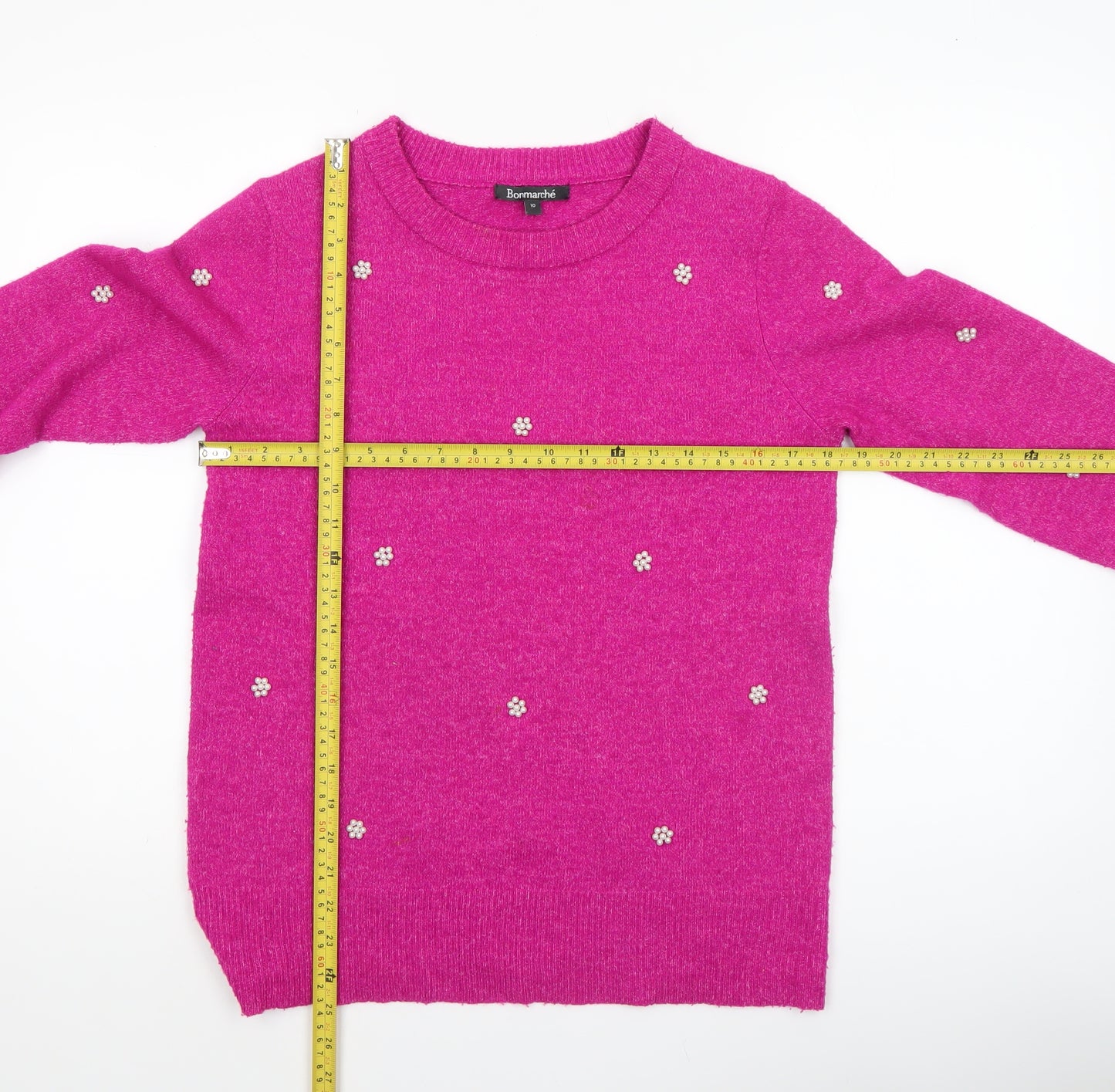 Bonmarché Women's Pink Beaded Crew Neck Long Sleeve Pullover Jumper Size 10