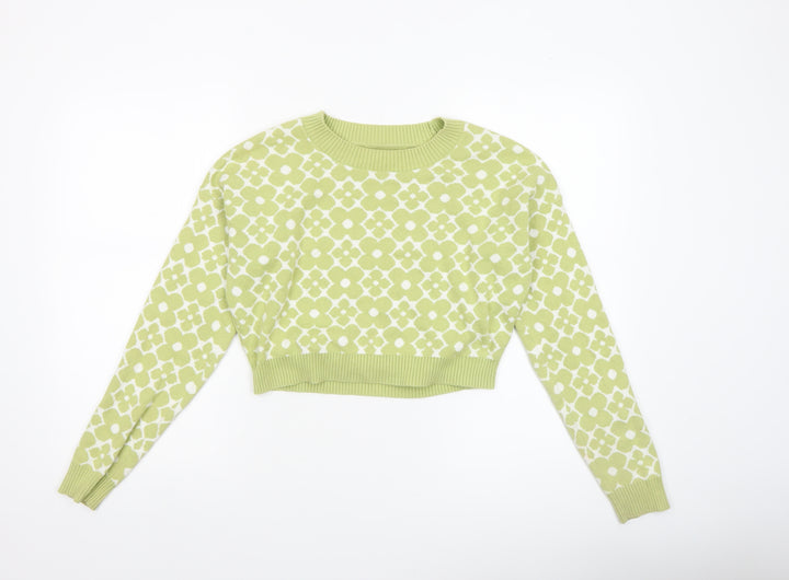 Hollister Women Green XS Floral Crew Neck Knit Pullover Jumper