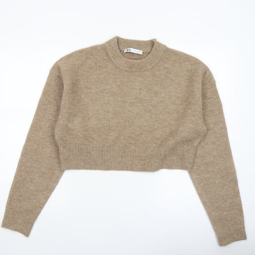 Zara Women Beige Wool Blend Crew Neck Knit Jumper L