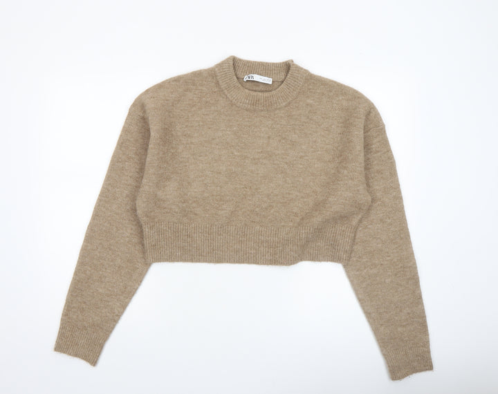 Zara Women Beige Wool Blend Crew Neck Knit Jumper L