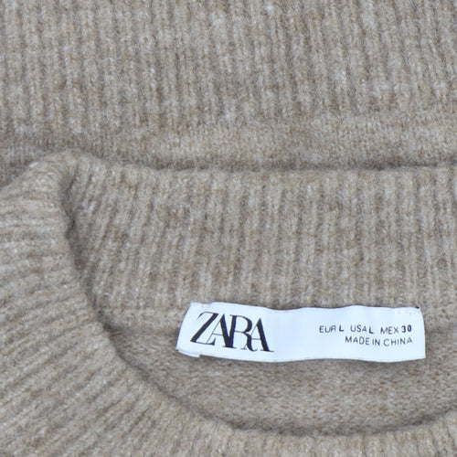 Zara Women Beige Wool Blend Crew Neck Knit Jumper L