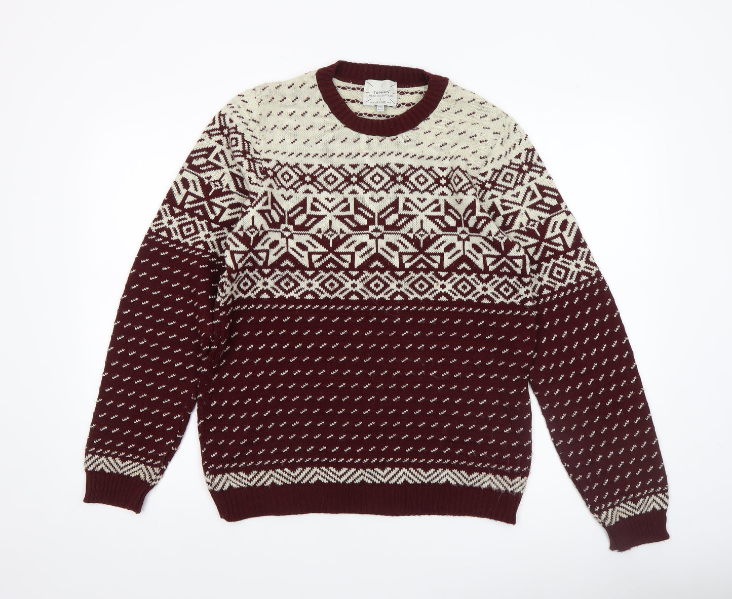 Topman Men’s Brown Fair Isle Acrylic Knit Jumper Size S Winter Pullover