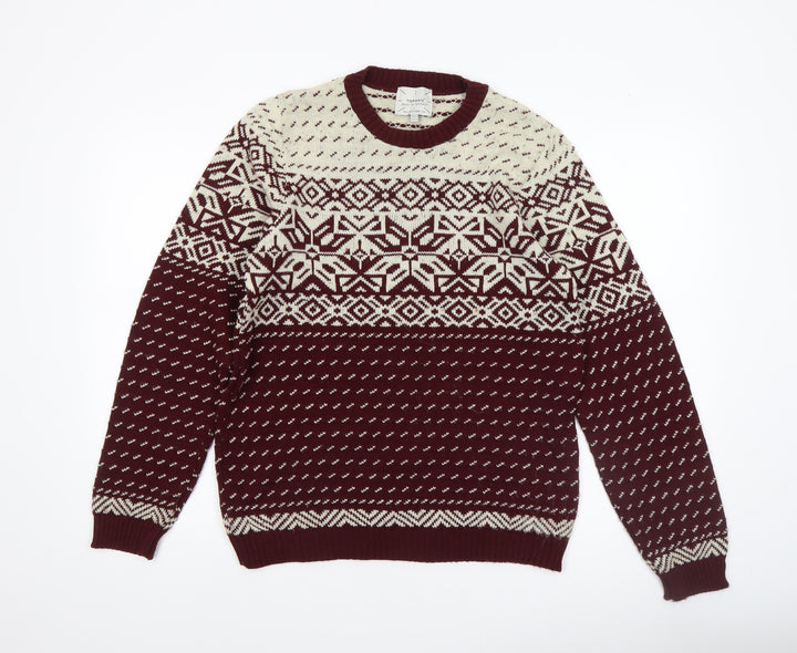 Topman Men’s Brown Fair Isle Acrylic Knit Jumper Size S Winter Pullover