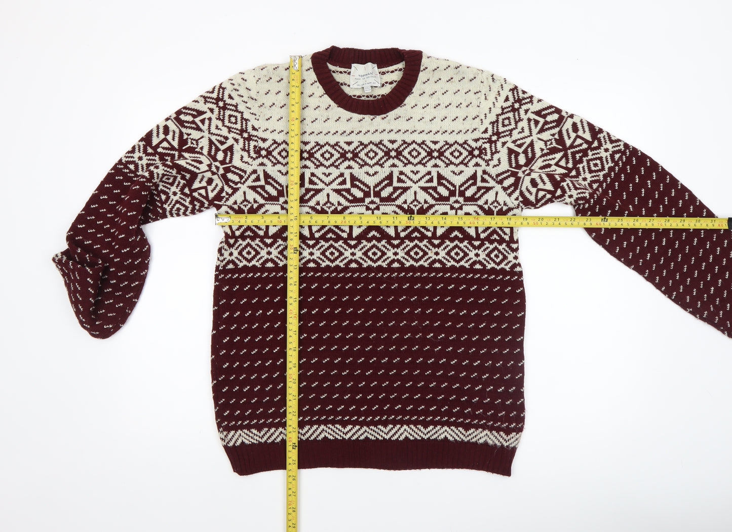 Topman Men’s Brown Fair Isle Acrylic Knit Jumper Size S Winter Pullover