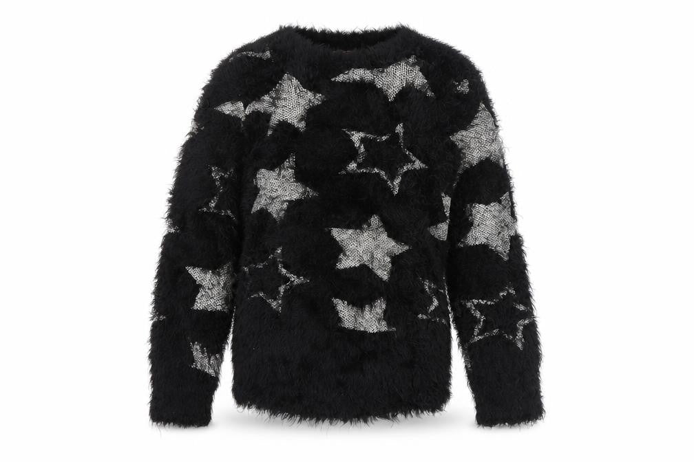 Front view of Yigga girls’ black star fuzzy jumper, size 134/140, polyamide blend
