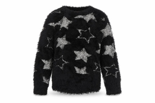 Front view of Yigga girls’ black star fuzzy jumper, size 134/140, polyamide blend