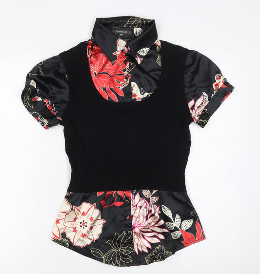 River Island Women's Black Floral Short Sleeve Blouse M/L
