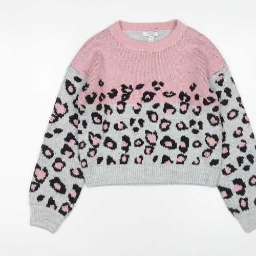 Kylie Girls Pink Grey Leopard Print Acrylic Blend Pullover Jumper 11 Years