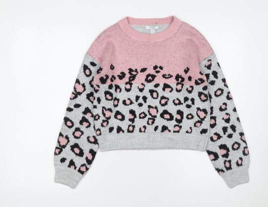 Kylie Girls Pink Grey Leopard Print Acrylic Blend Pullover Jumper 11 Years