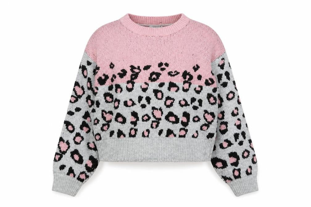 Front view of Kylie girls’ pink grey leopard print acrylic blend jumper 11 years