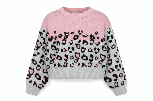 Front view of Kylie girls’ pink grey leopard print acrylic blend jumper 11 years