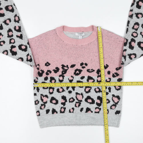 Kylie Girls Pink Grey Leopard Print Acrylic Blend Pullover Jumper 11 Years