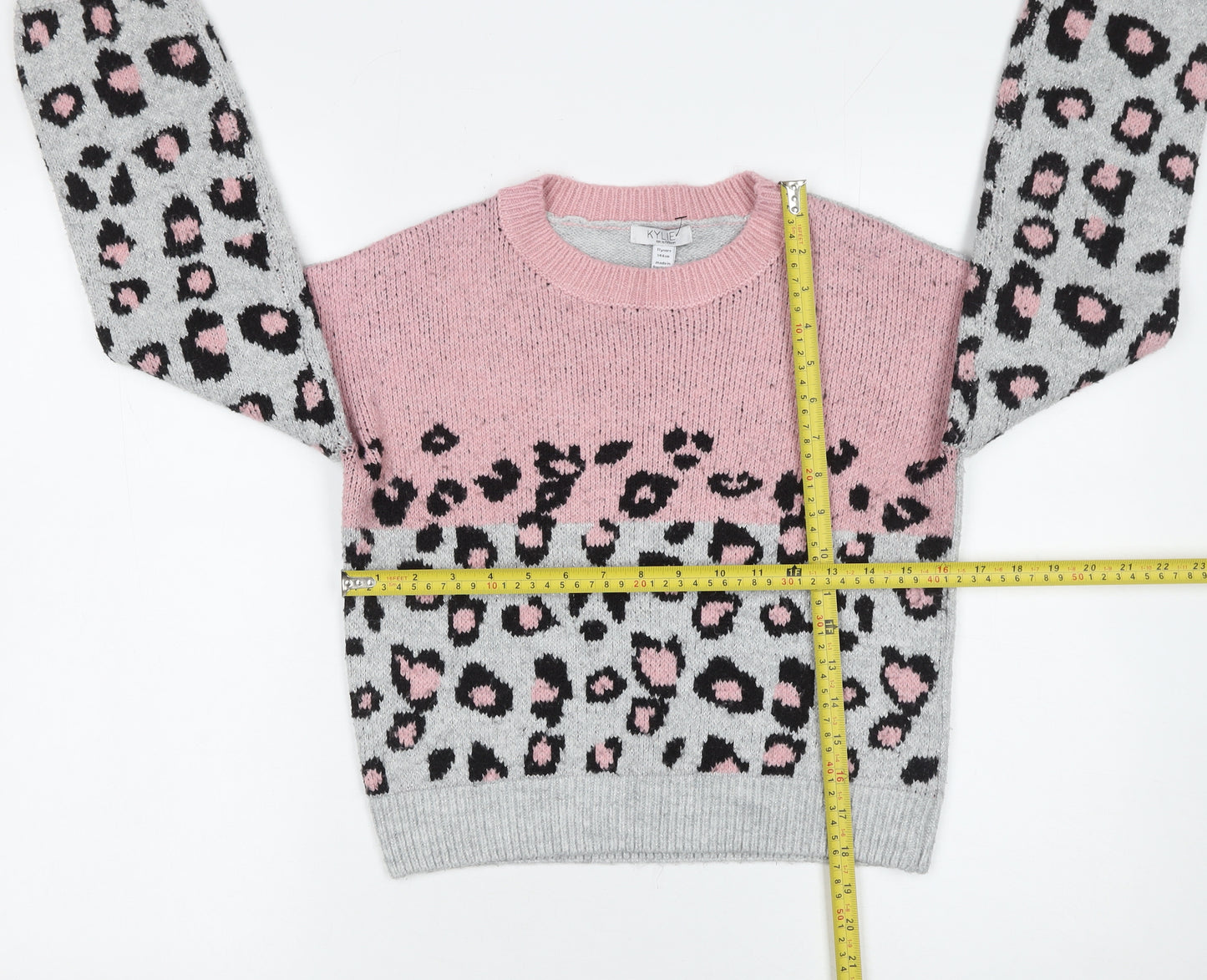 Kylie Girls Pink Grey Leopard Print Acrylic Blend Pullover Jumper 11 Years