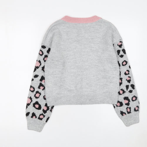 Kylie Girls Pink Grey Leopard Print Acrylic Blend Pullover Jumper 11 Years
