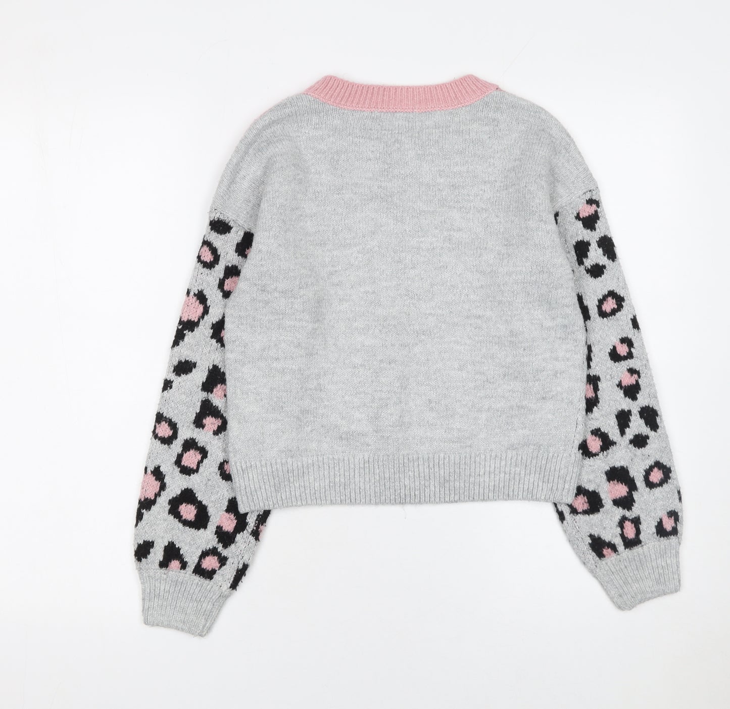 Kylie Girls Pink Grey Leopard Print Acrylic Blend Pullover Jumper 11 Years