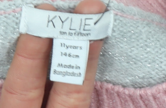 Kylie Girls Pink Grey Leopard Print Acrylic Blend Pullover Jumper 11 Years