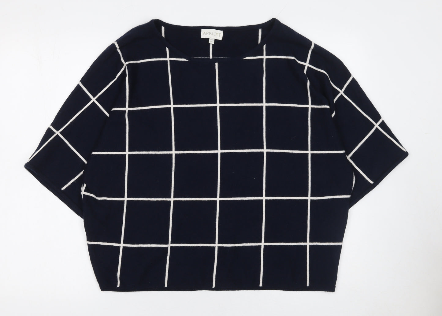 Apricot Women Blue Check Pullover Jumper UK 14 Boat Neck 3/4 Sleeve