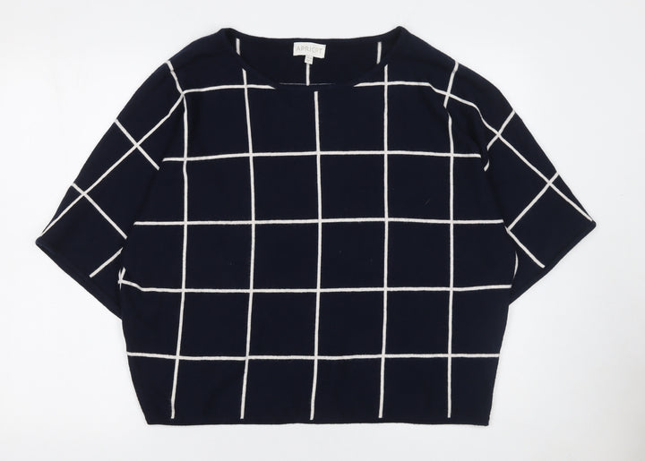 Apricot Women Blue Check Pullover Jumper UK 14 Boat Neck 3/4 Sleeve