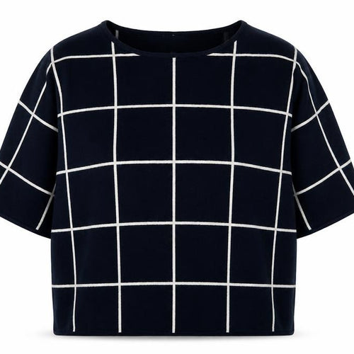 Apricot Women Blue Check Pullover Jumper UK 14 Boat Neck 3/4 Sleeve