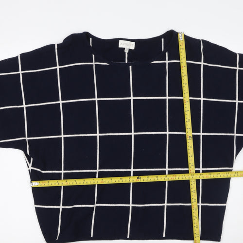 Apricot Women Blue Check Pullover Jumper UK 14 Boat Neck 3/4 Sleeve