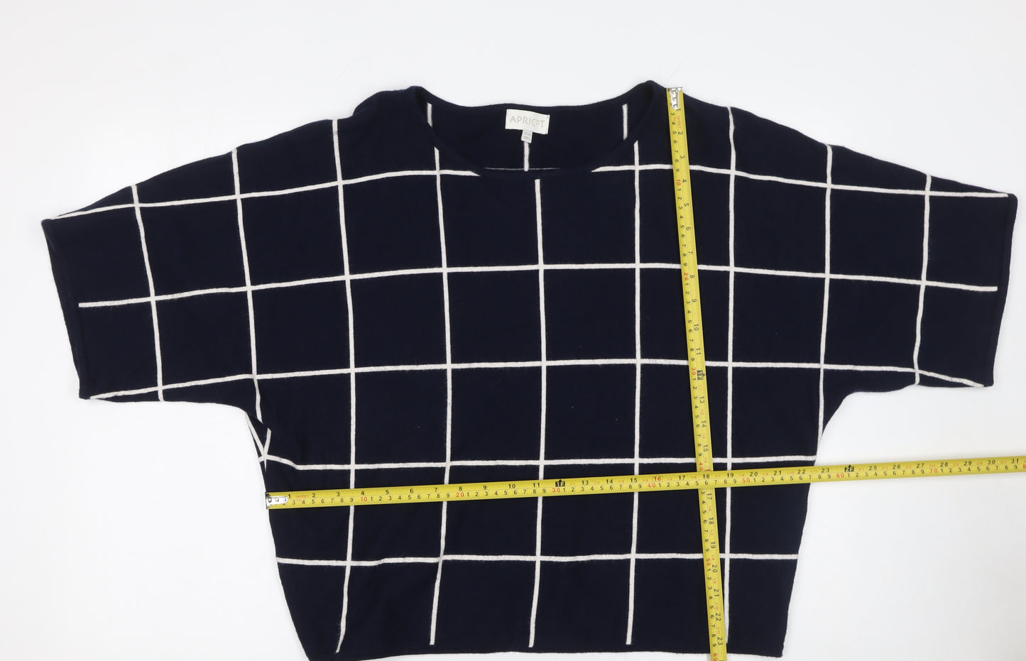 Apricot Women Blue Check Pullover Jumper UK 14 Boat Neck 3/4 Sleeve