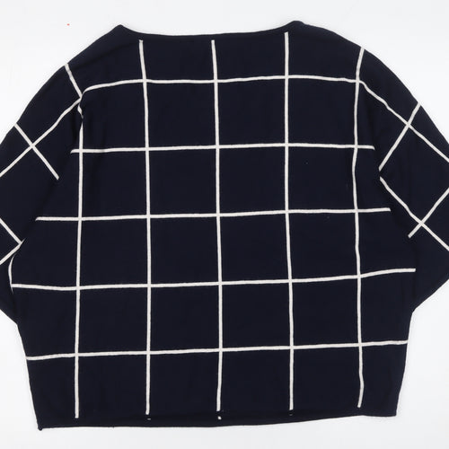 Apricot Women Blue Check Pullover Jumper UK 14 Boat Neck 3/4 Sleeve