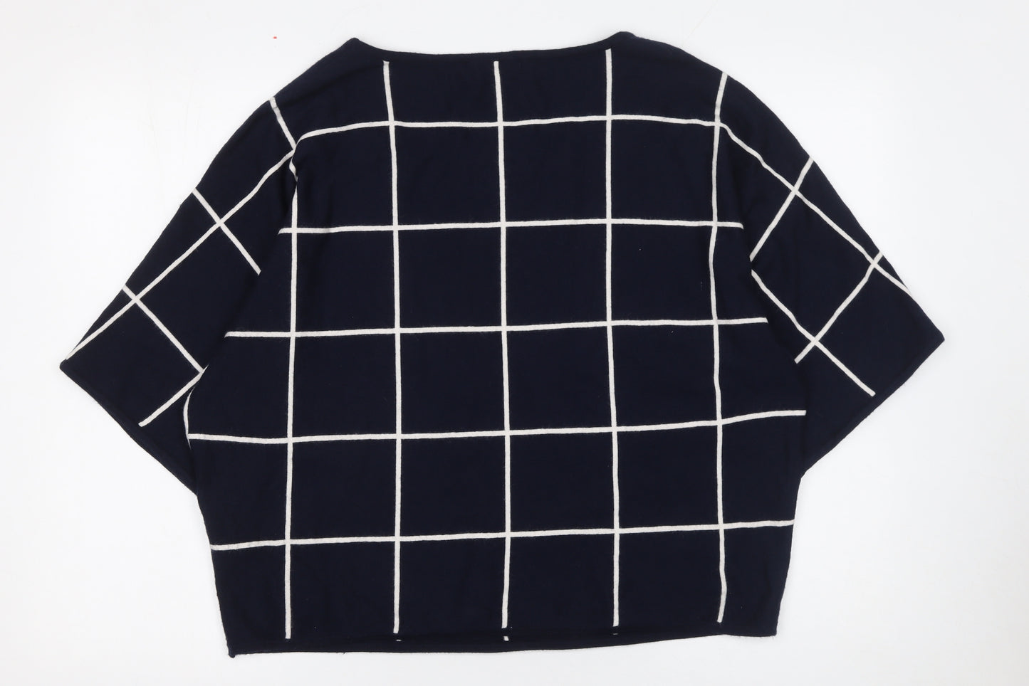 Apricot Women Blue Check Pullover Jumper UK 14 Boat Neck 3/4 Sleeve
