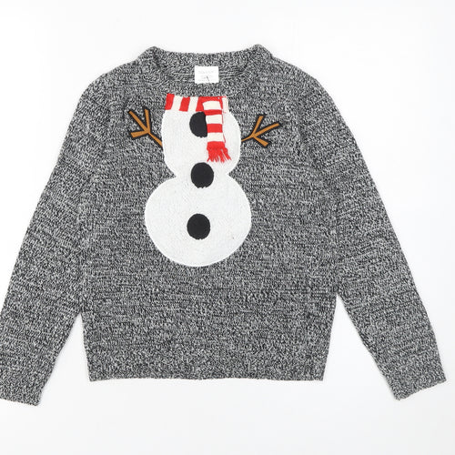 Lily & Dan Boys Grey Christmas Snowman Jumper 7-8 Years Acrylic Knit