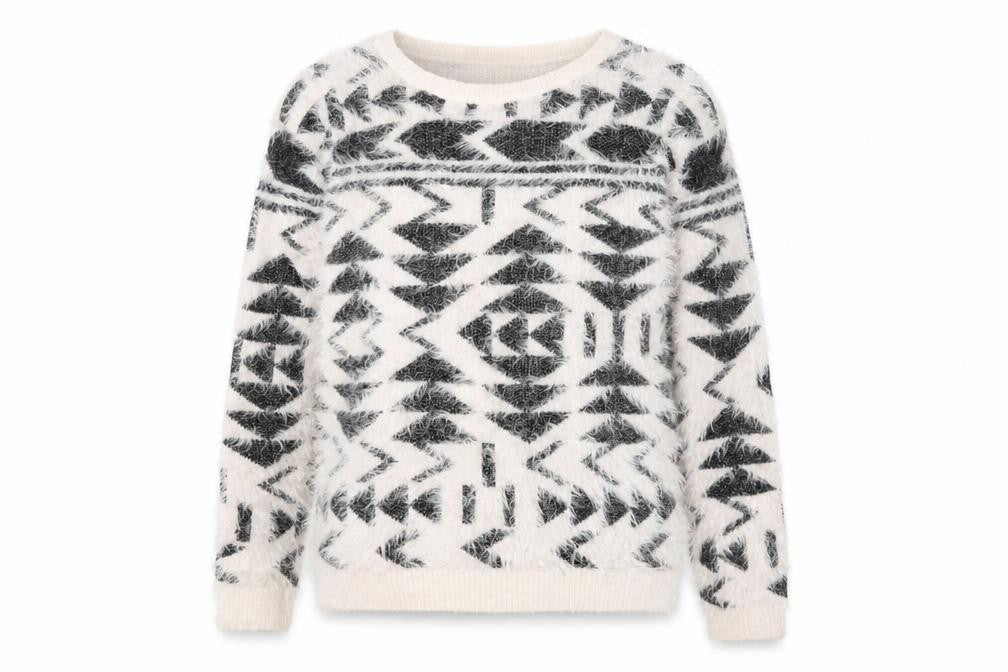 Front view of ESMARA Women’s White Aztec Knit Long Sleeve jumper, size UK 10/12