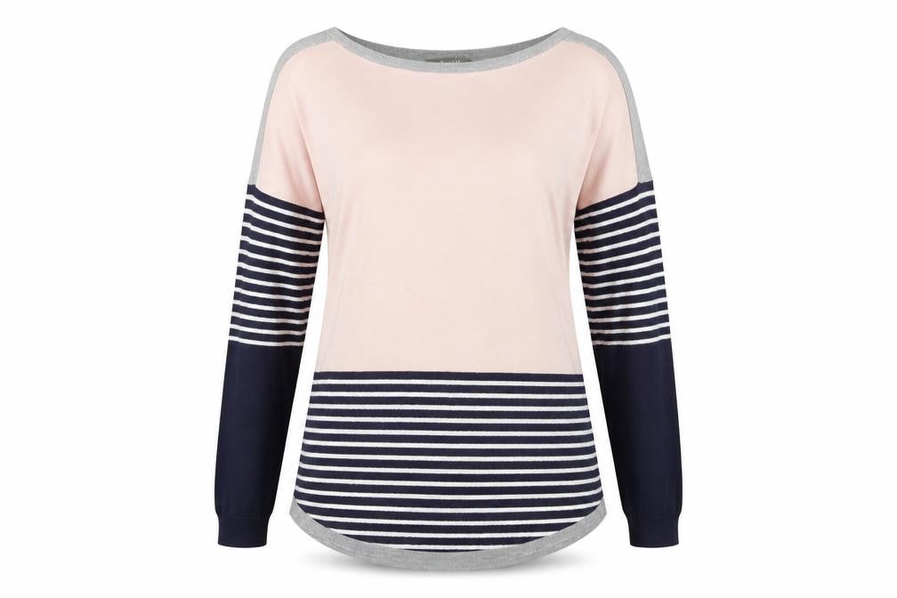 Front view of Oasis women’s multicoloured striped boat neck jumper, size S