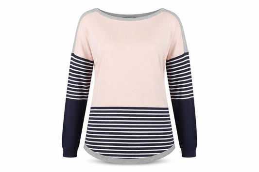 Front view of Oasis women’s multicoloured striped boat neck jumper, size S