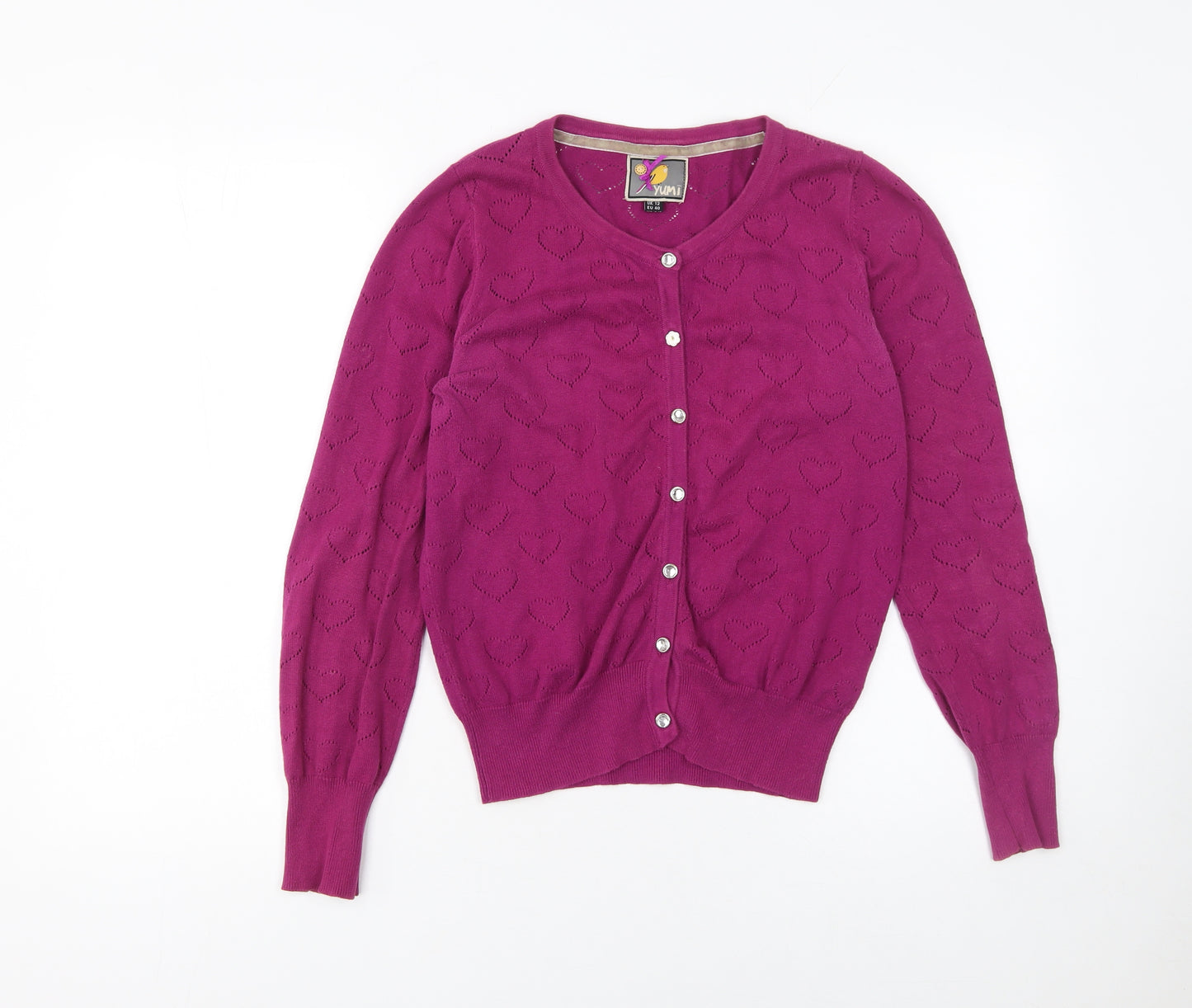 Yumi Womens Purple Heart Knit Button Cardigan Size 12