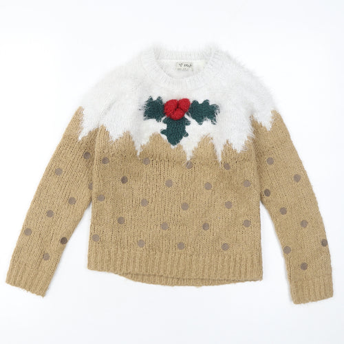 Next Girls Beige Christmas Pudding Jumper 8 Years Long Sleeve Knitwear
