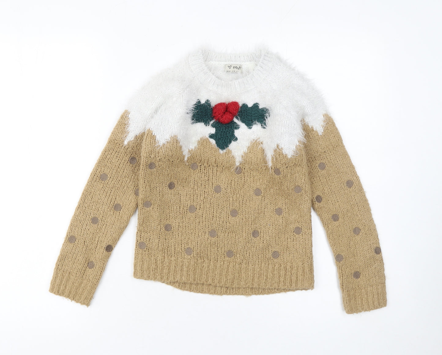 Next Girls Beige Christmas Pudding Jumper 8 Years Long Sleeve Knitwear