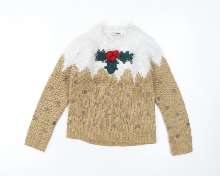 Next Girls Beige Christmas Pudding Jumper 8 Years Long Sleeve Knitwear